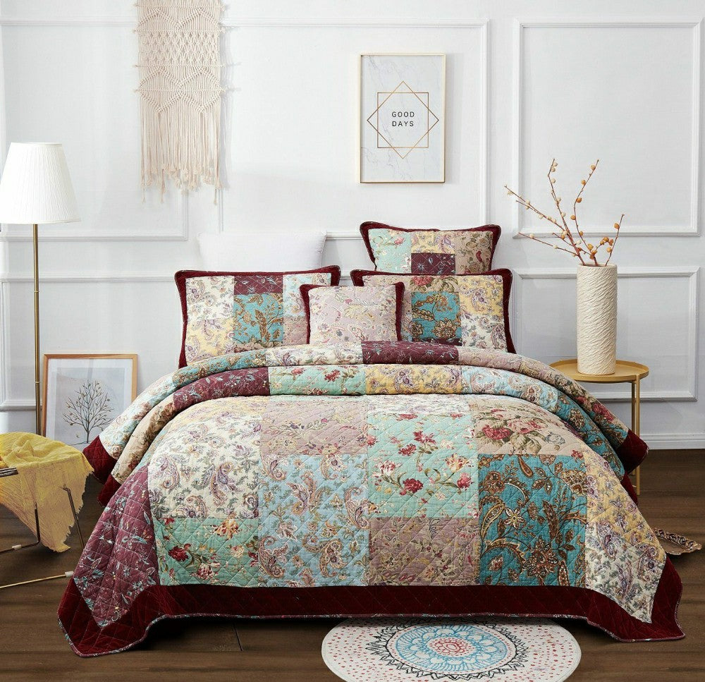 Plow & Hearth Bohemian Burgundy Paisley Patchwork Cotton Bedspread Set