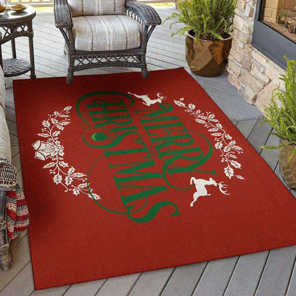 Plow & Hearth Wonderland Merry Christmas Red Polyester Area Rug