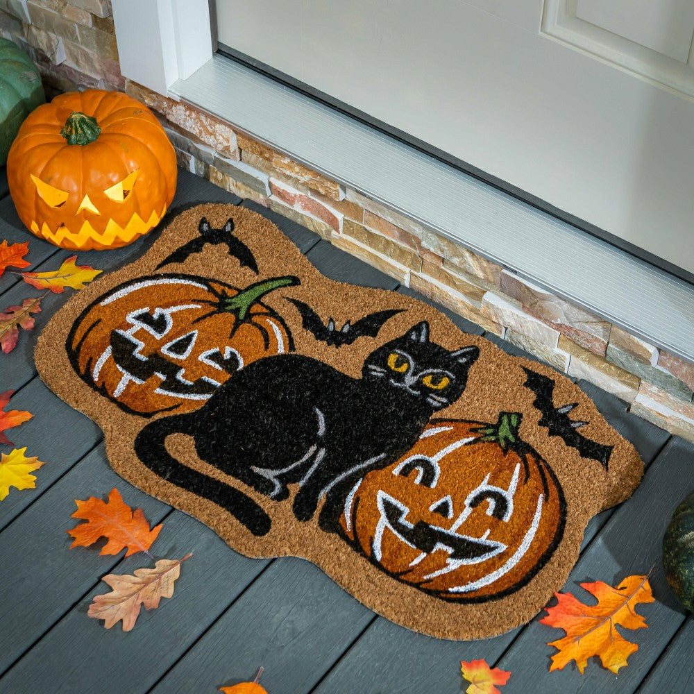 Plow & Hearth Pumpkin Patch Cat Shaped Coir Mat