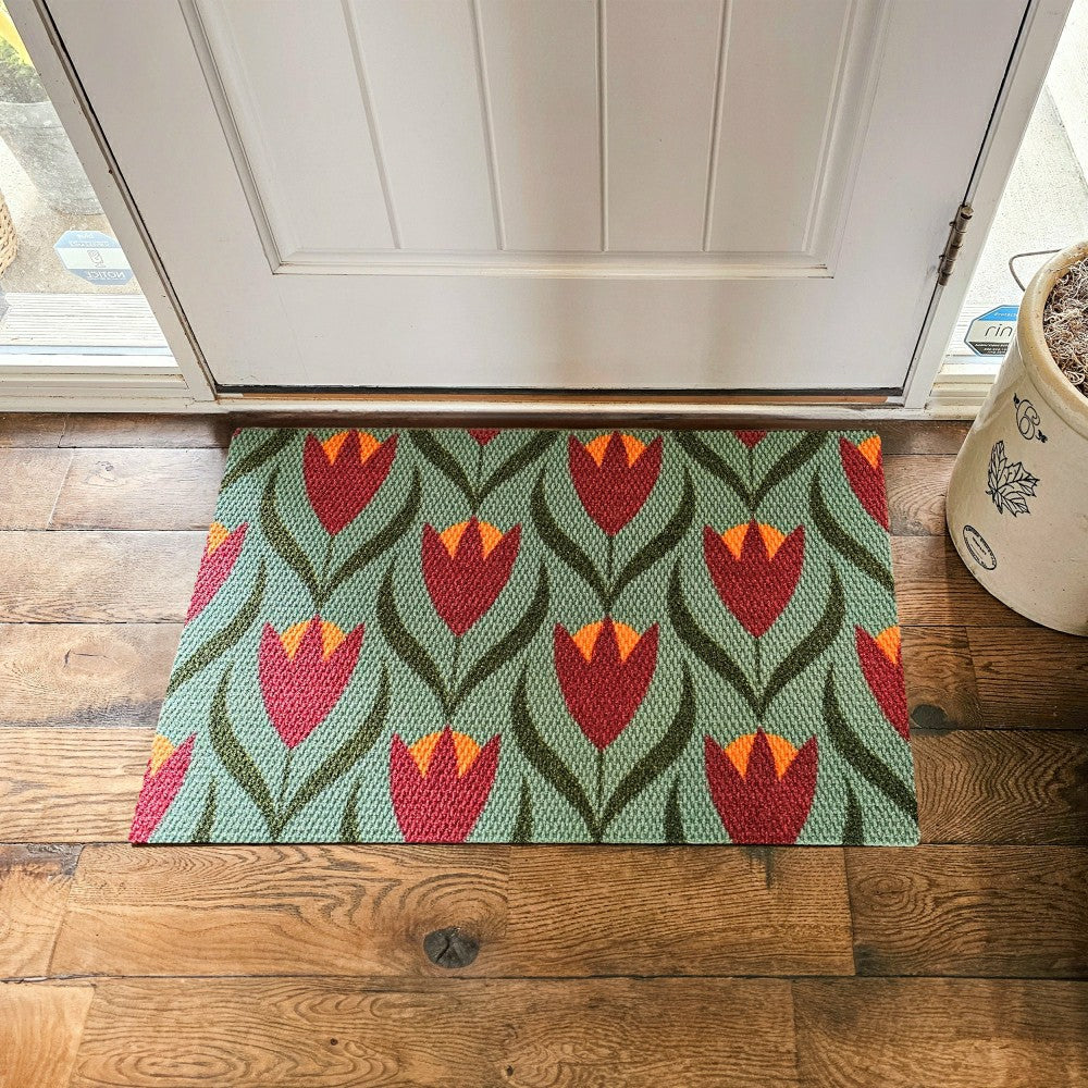 Plow & Hearth Neighburly Buttercups Doormat, Berry & Sage Double Door