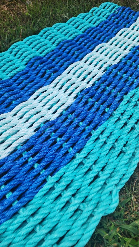 Plow & Hearth 5 Stripe Lobster Rope Mat Teal, Blue and Seafoam