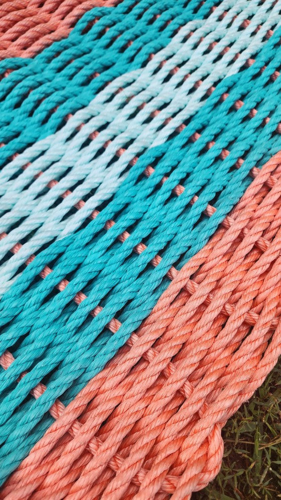 Plow & Hearth 5 Stripe Lobster Rope Mat Orange Teal and Seafoam