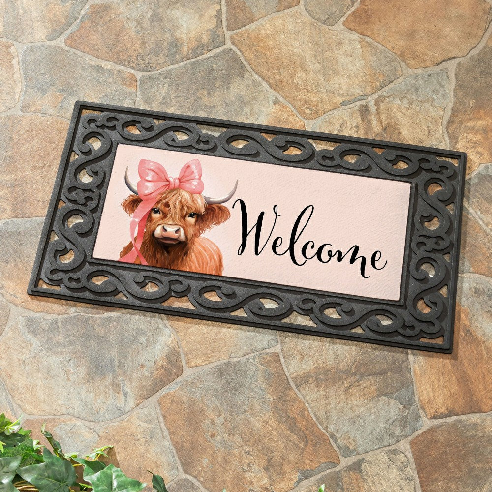 Plow & Hearth Blossom The Bowtiful Highland Cow Sassafras Switch Mat