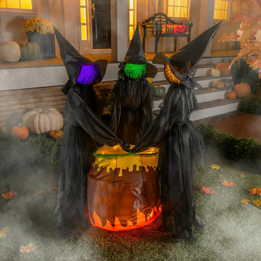 Plow & Hearth Halloween LED Set of 3 Witches and Cauldron Garden Stake, 52"