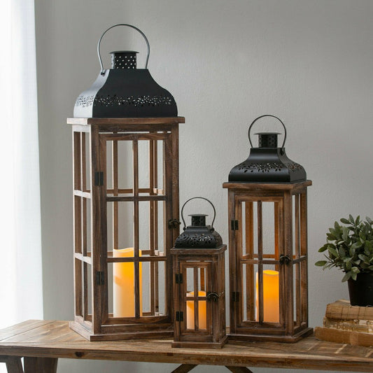 Plow & Hearth Set of 3 Nested Wood and Metal Lanterns w LED Candle