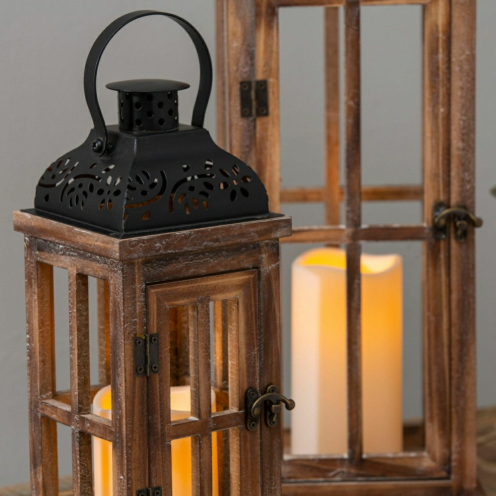 Plow & Hearth Set of 3 Nested Wood and Metal Lanterns w LED Candle