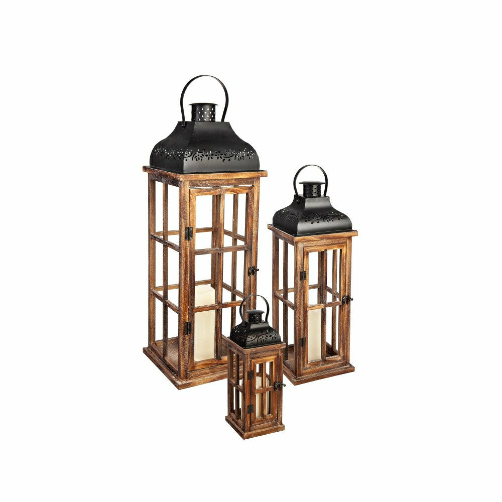 Plow & Hearth Set of 3 Nested Wood and Metal Lanterns w LED Candle