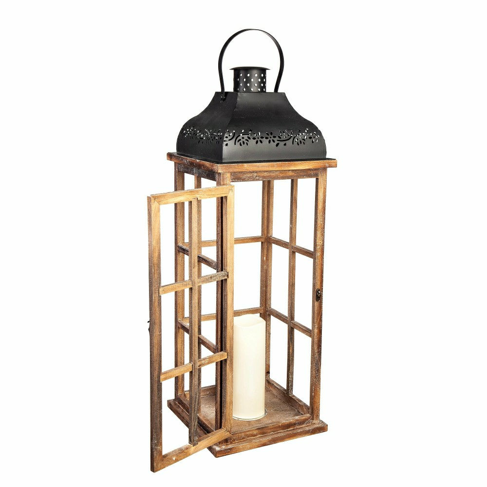 Plow & Hearth Set of 3 Nested Wood and Metal Lanterns w LED Candle