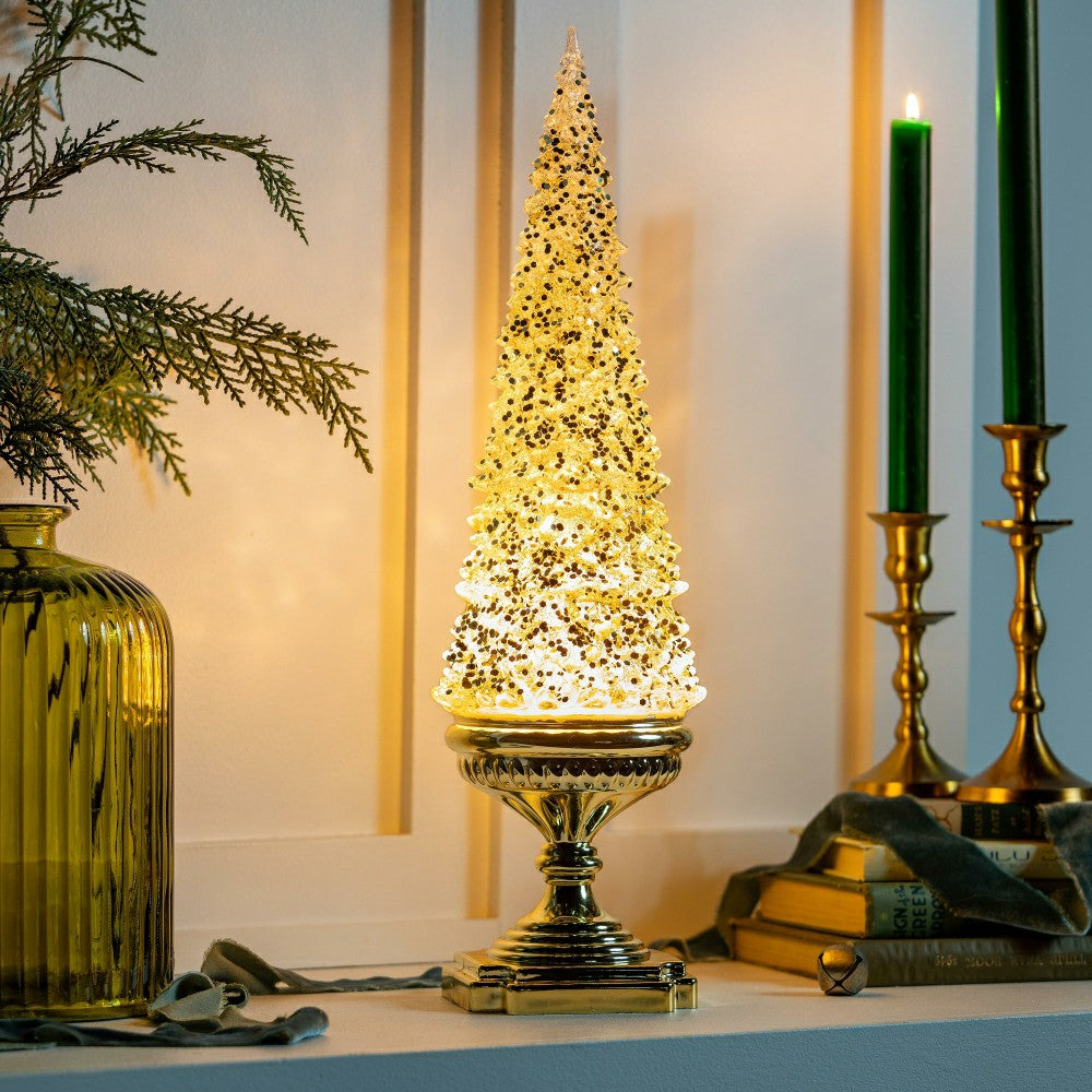 Plow & Hearth Shades of Emerald LED Table Decor Glitter Tree Spinning Acrylic Lanter