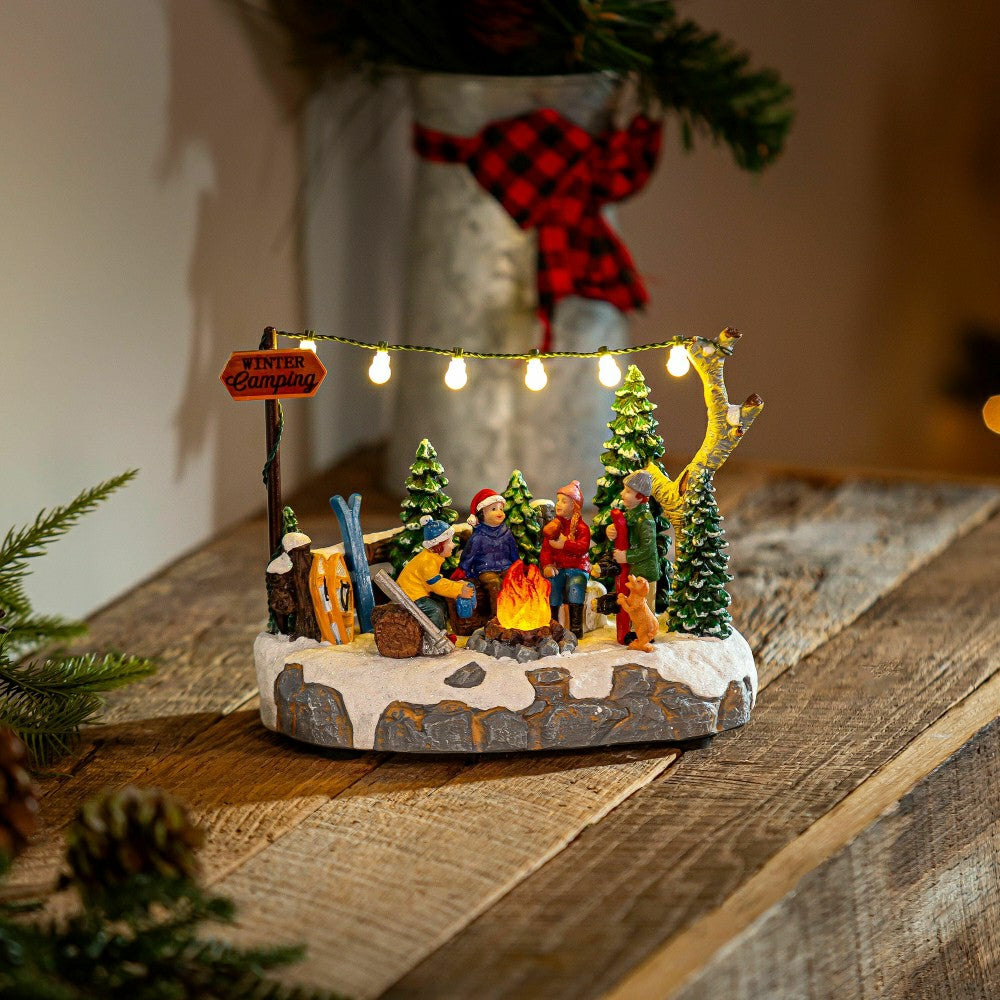 Plow & Hearth Christmas Vacation LED Table Decor Resin Flickering Campfire Scene, 6"