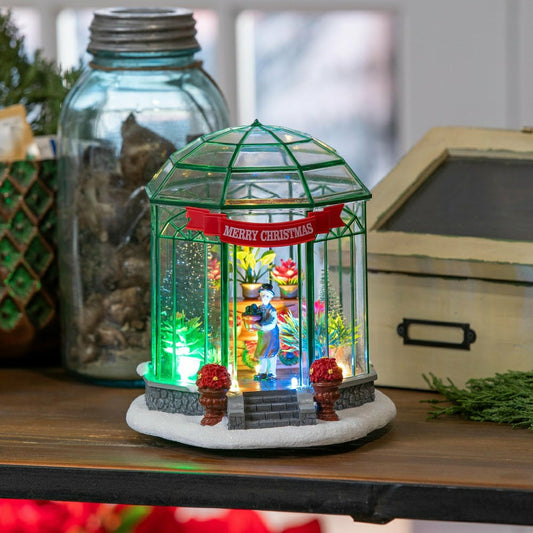 Plow & Hearth Holly Homestead LED Table Decor Resin Greenhouse with Music, 7.5"