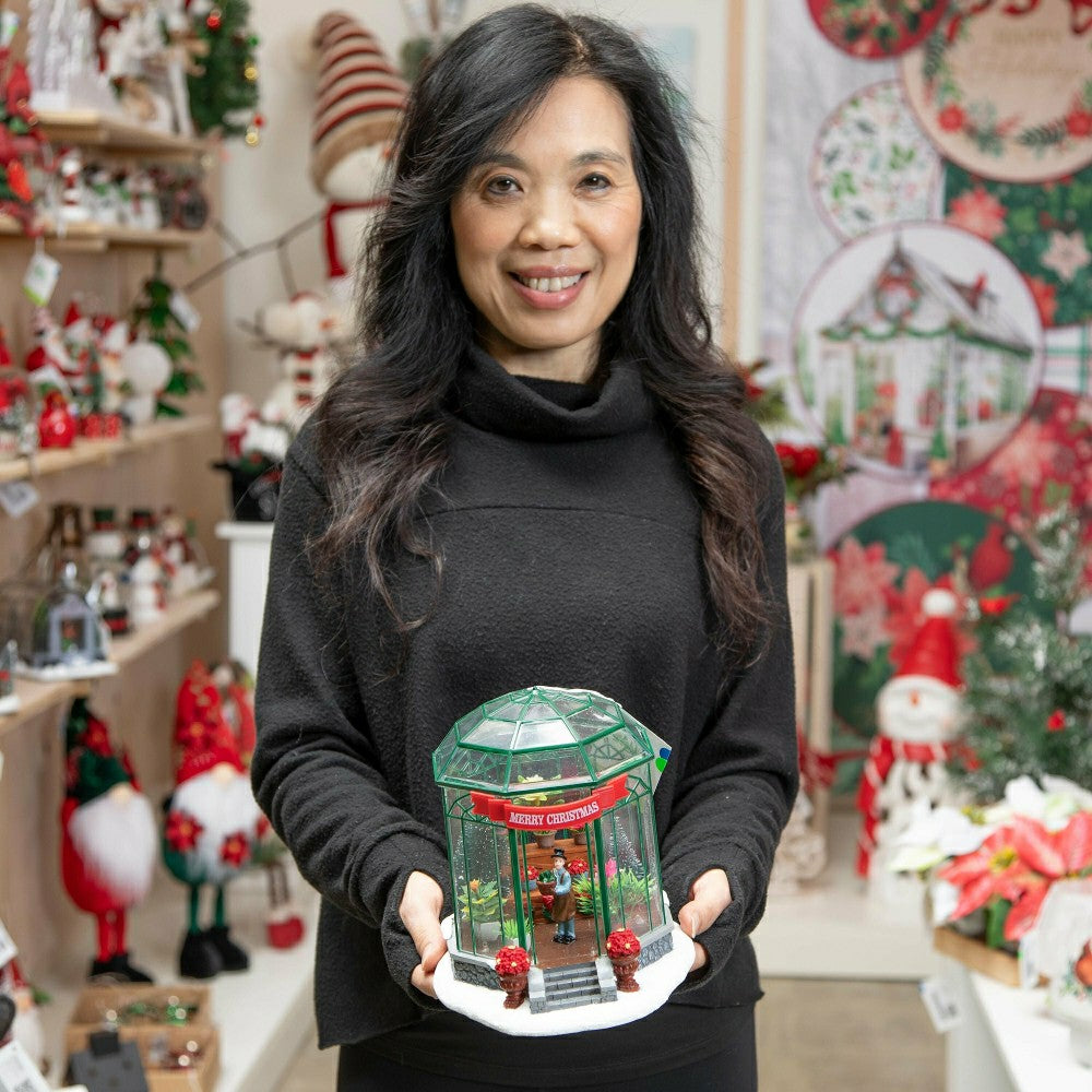 Plow & Hearth Holly Homestead LED Table Decor Resin Greenhouse with Music, 7.5"