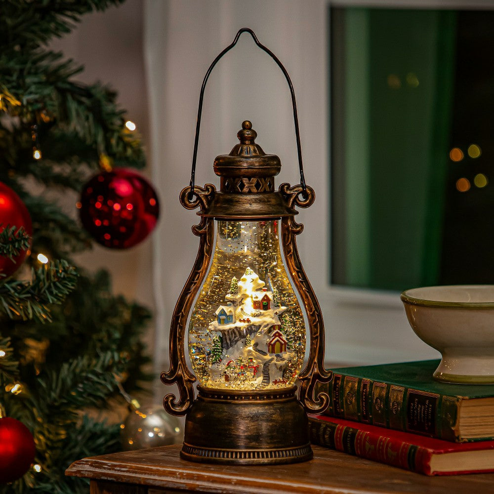 Plow & Hearth Hearfelt Cheer LED Table Decor Holiday Scene Plastic Water Lantern, 11