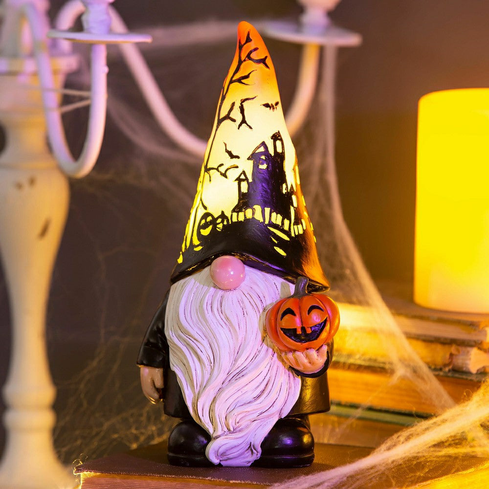 Plow & Hearth Halloween Gnome with Lighted Hat and Pumpkin