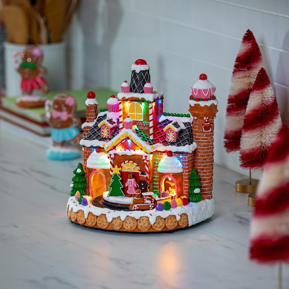 Plow & Hearth Sugar & Stripes Bright LED Table Decor Resin Gingerbread House and Tra