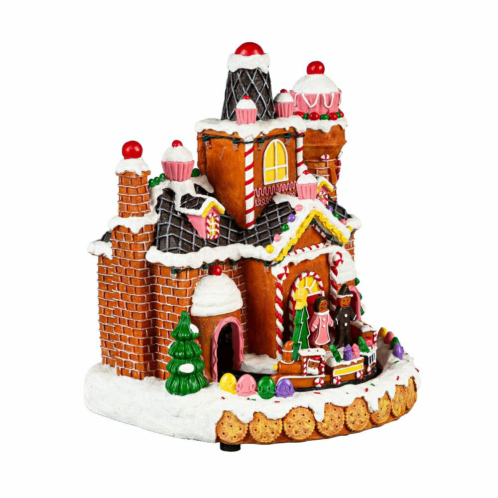Plow & Hearth Sugar & Stripes Bright LED Table Decor Resin Gingerbread House and Tra