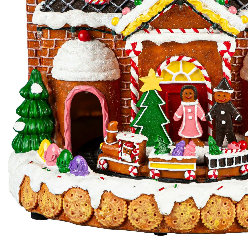 Plow & Hearth Sugar & Stripes Bright LED Table Decor Resin Gingerbread House and Tra