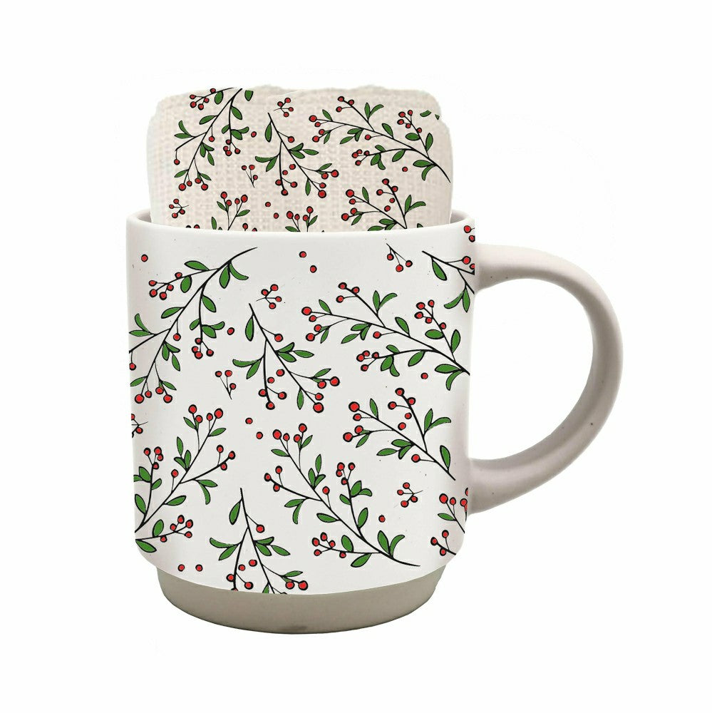 Plow & Hearth Snowbirds Drinkware Gift Set Ceramic Cup and Kitchen Towel, 12oz, 18"