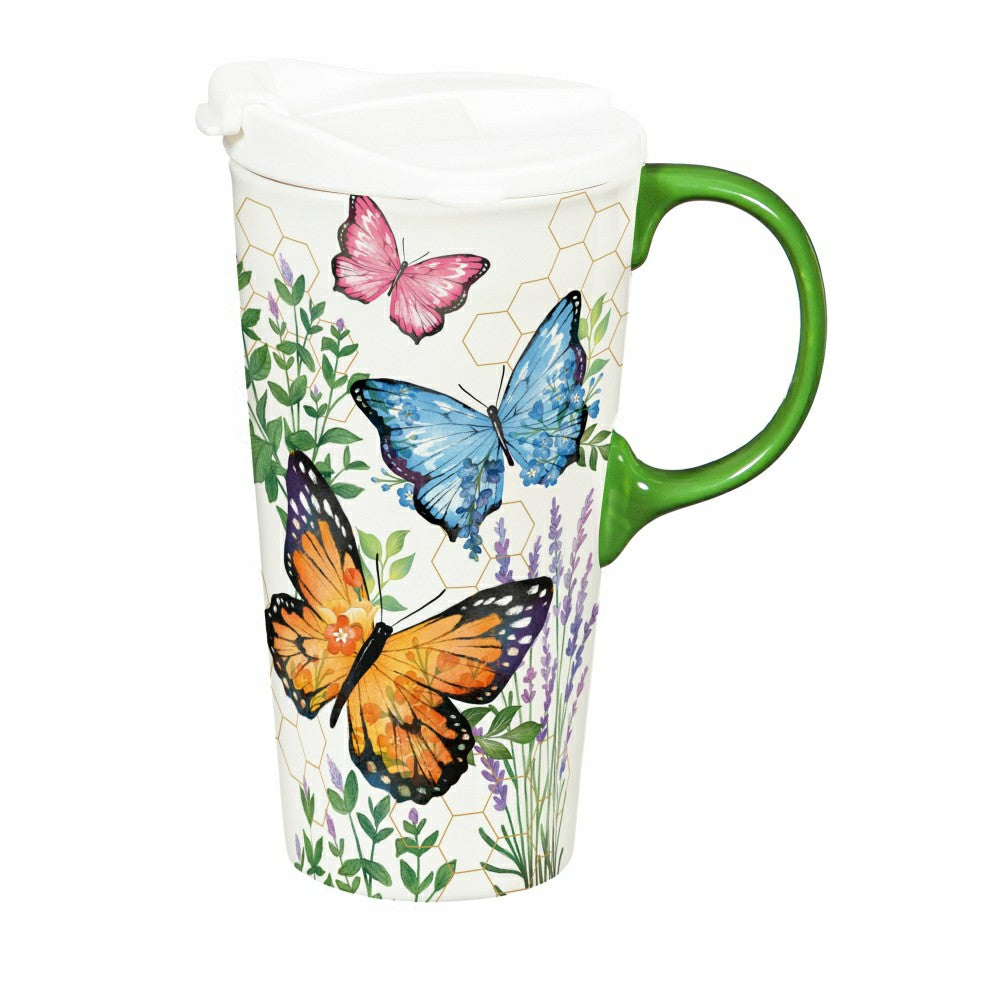 Plow & Hearth Cottage Garden Ceramic Perfect Cup, Butterfly, 17oz, Gift Box