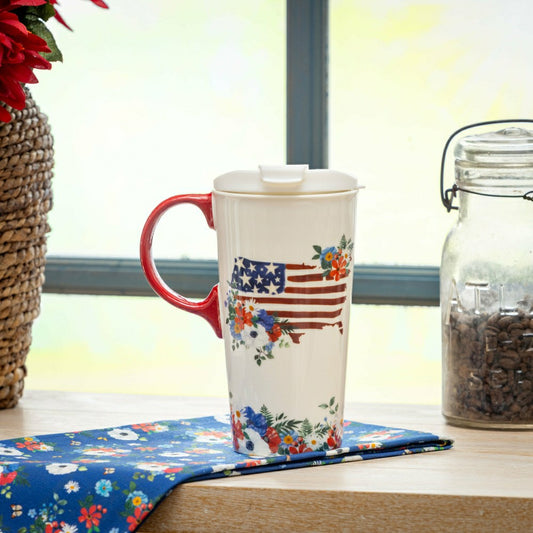 Plow & Hearth Red, White, & Bloom Ceramic Perfect Cup, Blooming USA, 17oz, Gift Box