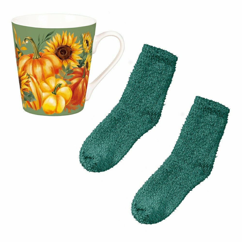 Plow & Hearth Grateful Gatherings Ceramic Flare Cup and Teal Socks Gift Set, 12oz, G
