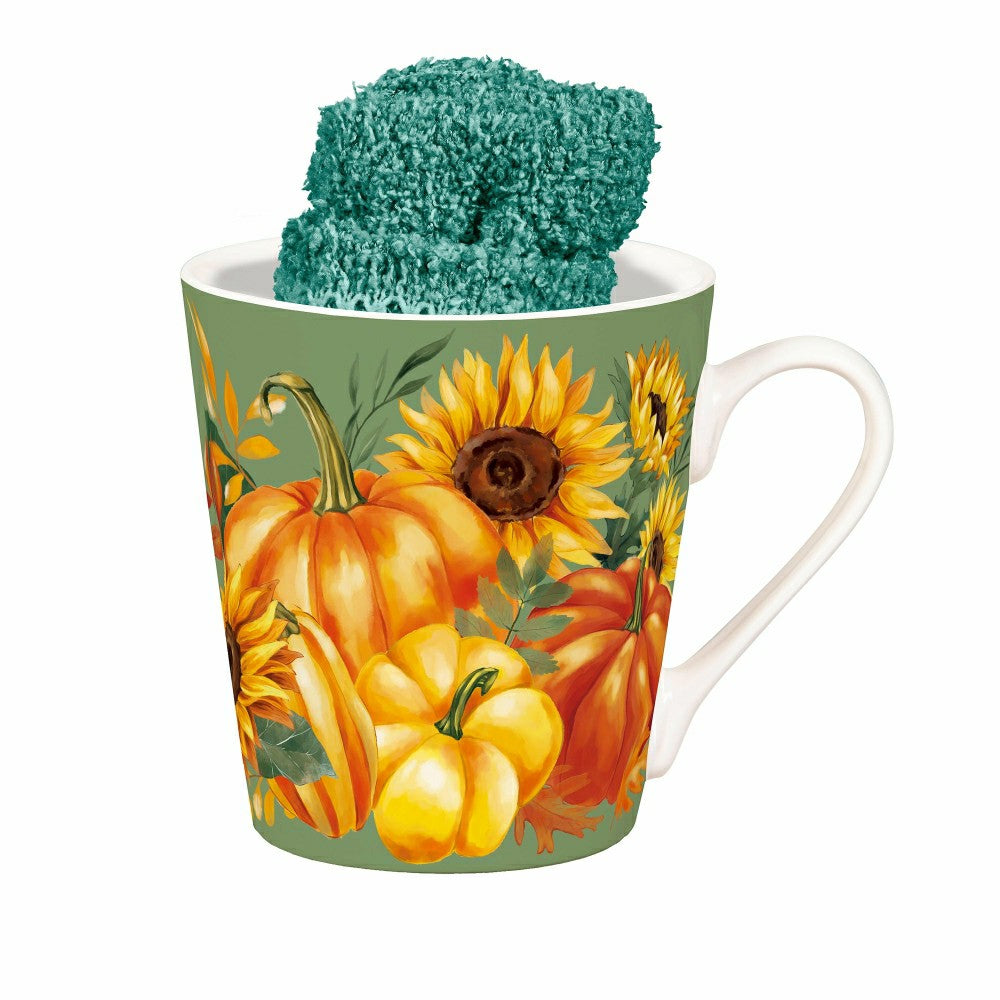 Plow & Hearth Grateful Gatherings Ceramic Flare Cup and Teal Socks Gift Set, 12oz, G