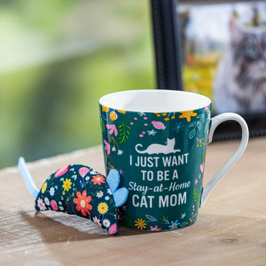 Plow & Hearth Pet Drinkware Gift Set Ceramic Flare Cup and Cat Toy, 12oz, Gift Box