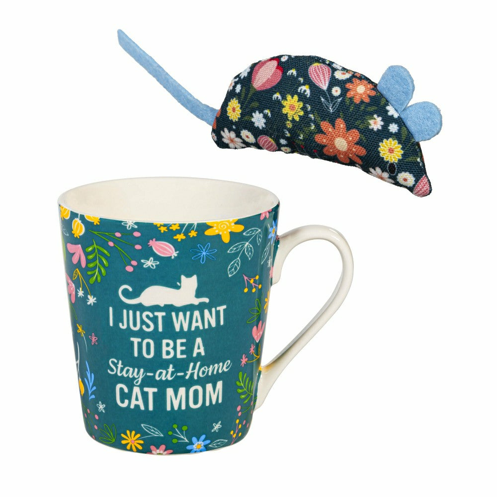 Plow & Hearth Pet Drinkware Gift Set Ceramic Flare Cup and Cat Toy, 12oz, Gift Box