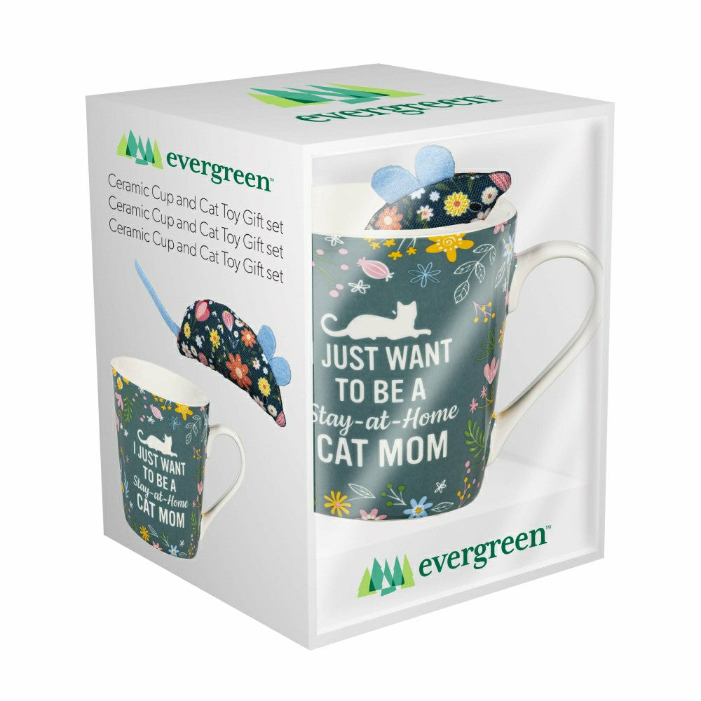 Plow & Hearth Pet Drinkware Gift Set Ceramic Flare Cup and Cat Toy, 12oz, Gift Box