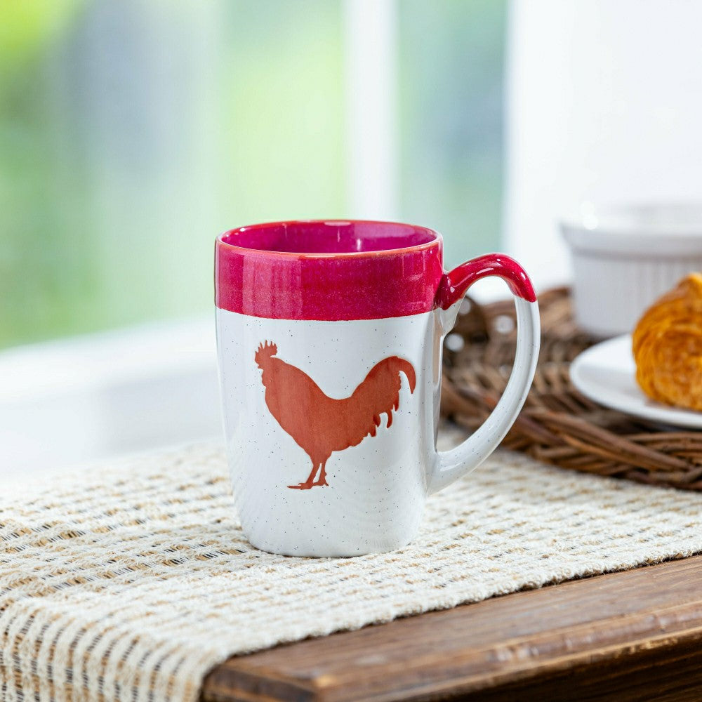 Plow & Hearth Hillside Pasture Coffee Cup Ceramic Artisanal, Farm Rooster Red, 14oz,