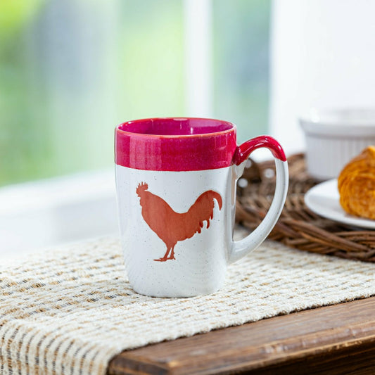 Plow & Hearth Hillside Pasture Coffee Cup Ceramic Artisanal, Farm Rooster Red, 14oz,