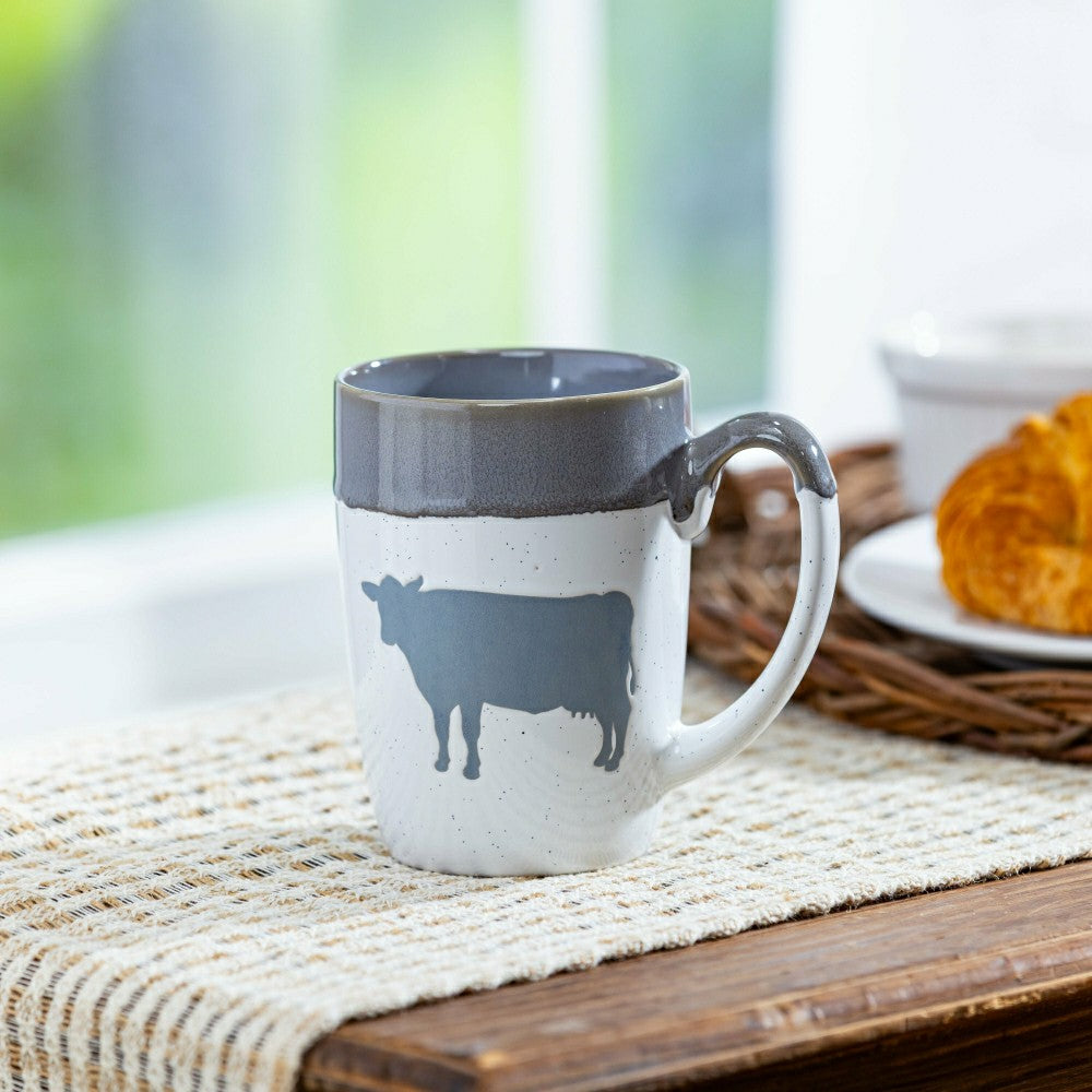 Plow & Hearth Hillside Pasture Coffee Cup Ceramic Artisanal, Farm Cow Grey, 14oz, Gi
