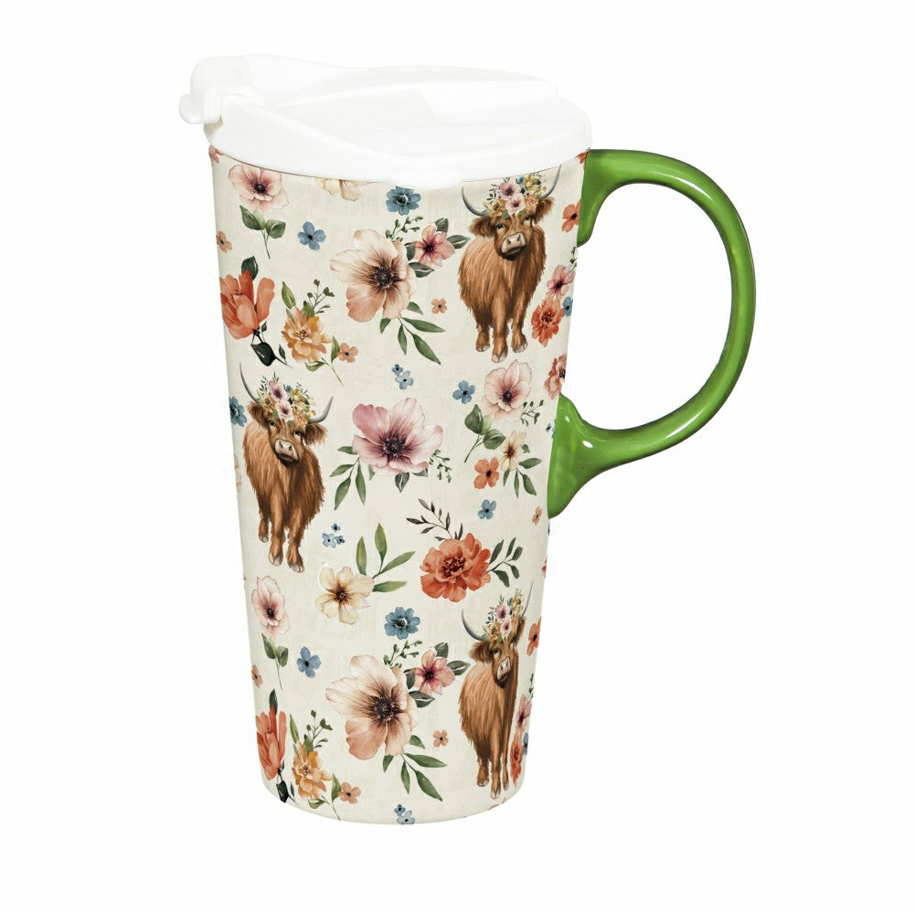 Plow & Hearth Hillside Pasture Ceramic Perfect Cup, Farm Highland Cow, 17oz, Gift Bo