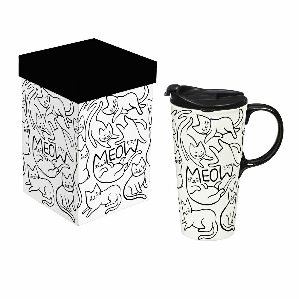 Plow & Hearth Pet Ceramic Perfect Cup, Meow Cat, 17oz, Gift Box