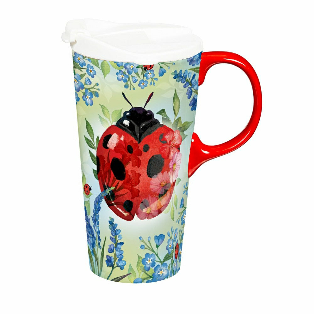Plow & Hearth Cottage Garden Ceramic Perfect Cup, Lady Bug, 17oz, Gift Box