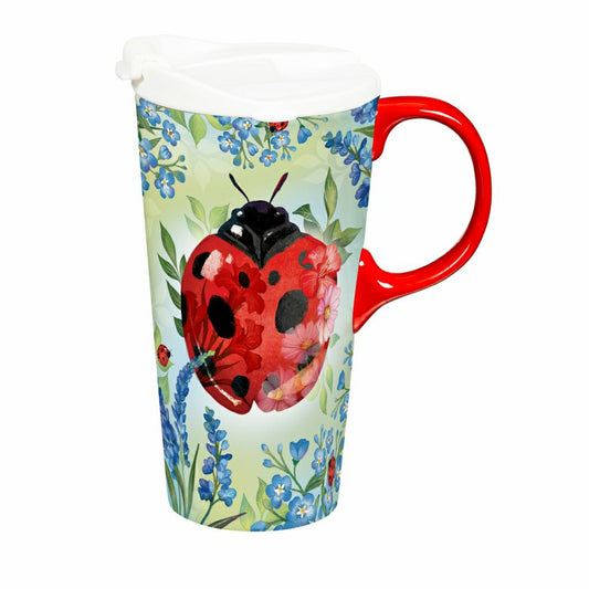 Plow & Hearth Cottage Garden Ceramic Perfect Cup, Lady Bug, 17oz, Gift Box