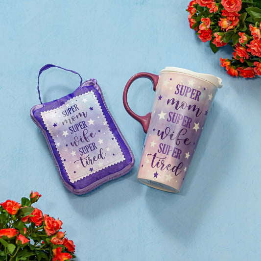 Plow & Hearth Super Mom Super Wife Super Tired Ceramic Perfect Cup and Compact Tote