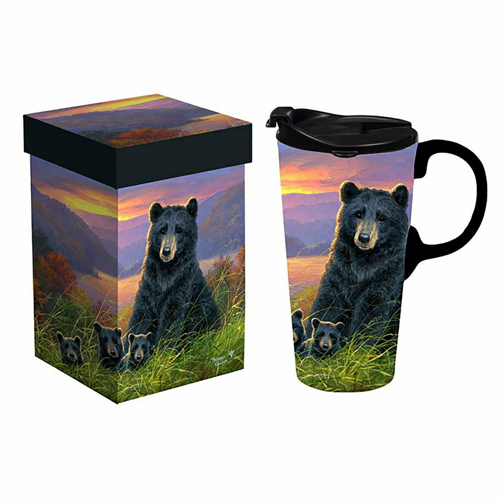 Plow & Hearth Harvest Blossom Ceramic Perfect Travel Cup, 17oz, w/ Gift Box, Bear Fa