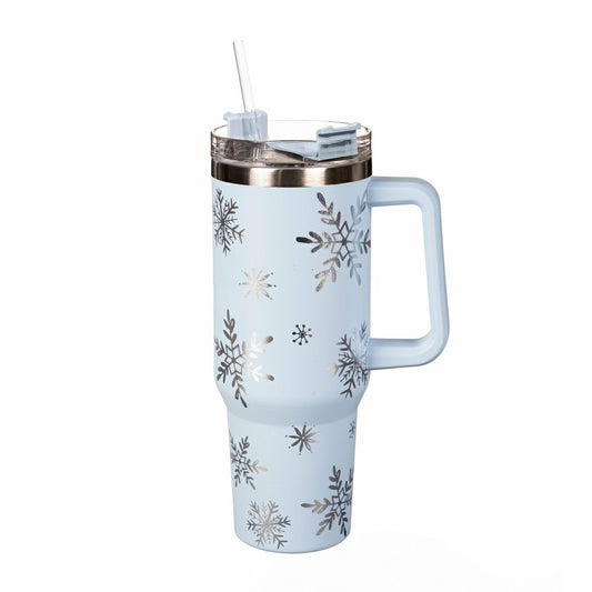 Plow & Hearth Season to Sparkle Tumbler Stainless-Steel Canyon Cup w/ Straw, Snowfla