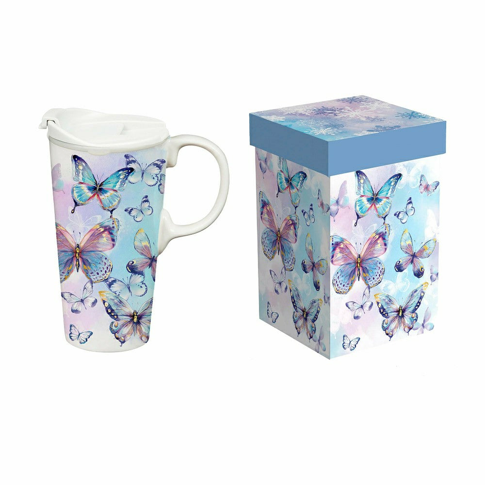 Plow & Hearth Season To Sparkle Travel Cup Ceramic Perfect Cup, Butterfly, 17oz, Gif