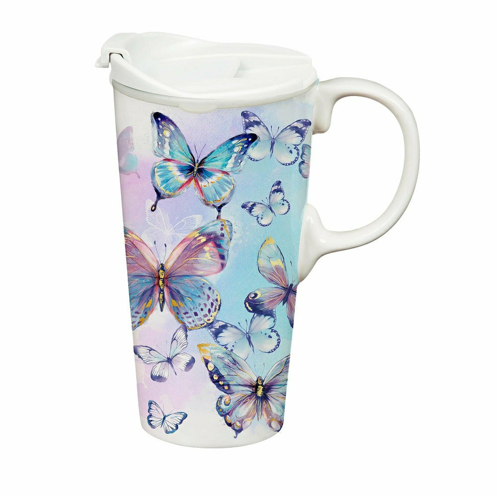 Plow & Hearth Season To Sparkle Travel Cup Ceramic Perfect Cup, Butterfly, 17oz, Gif