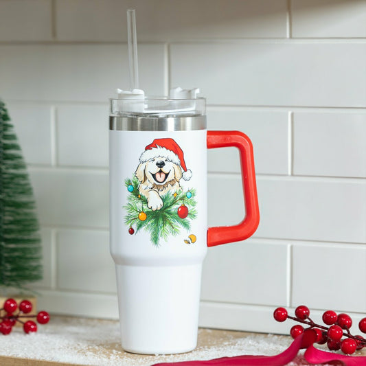 Plow & Hearth Heartfelt Cheer Tumbler Stainless-Steel Trenta Cup w/ Straw, Dog, 30oz