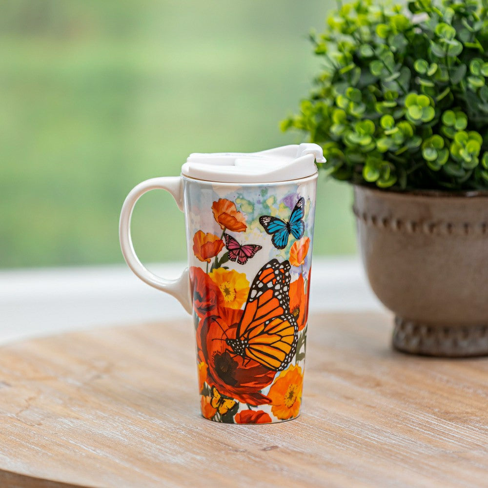 Plow & Hearth Monarch Butterfly and Friends Ceramic Perfect Cup, 17oz, Gift Box