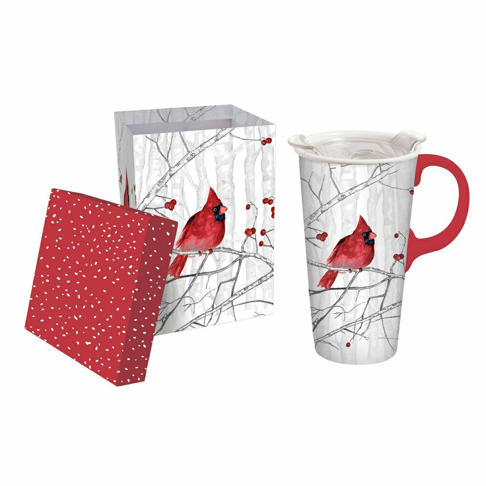 Plow & Hearth Snowbirds Travel Cup Ceramic Perfect Cup, Perching Cardinal, 17oz, Gif