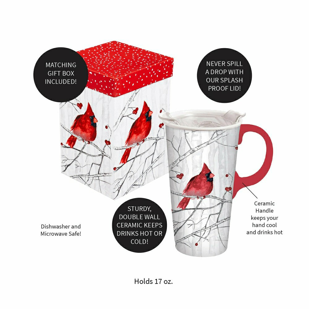 Plow & Hearth Snowbirds Travel Cup Ceramic Perfect Cup, Perching Cardinal, 17oz, Gif