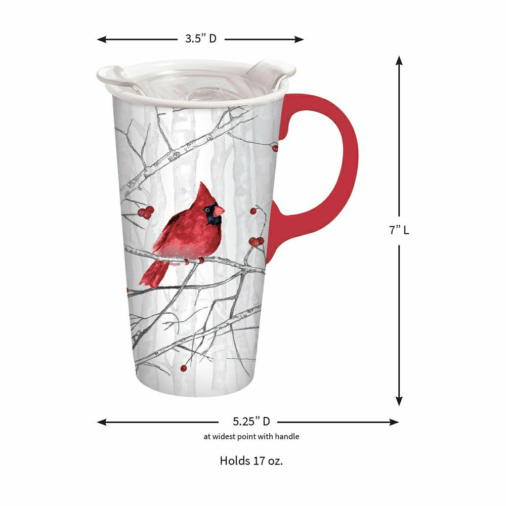 Plow & Hearth Snowbirds Travel Cup Ceramic Perfect Cup, Perching Cardinal, 17oz, Gif