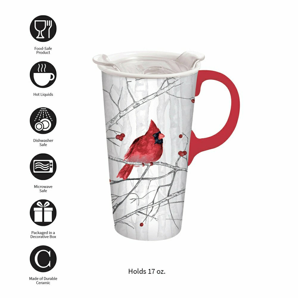 Plow & Hearth Snowbirds Travel Cup Ceramic Perfect Cup, Perching Cardinal, 17oz, Gif