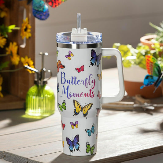 Plow & Hearth Cottage Garden Tumbler Stainless-Steel Canyon Cup w/ Straw, Butterfly