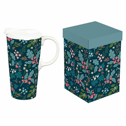 Plow & Hearth Bursting Botanicals Travel Cup Ceramic Perfect Cup, 17oz, Gift Box