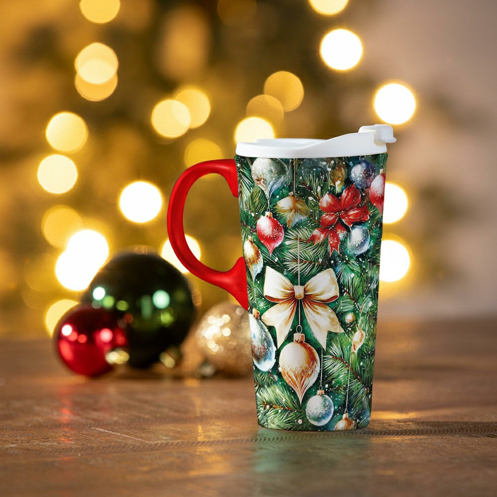 Plow & Hearth Twas The Night Travel Cup Ceramic Perfect Cup, Tree with Ornaments, 17